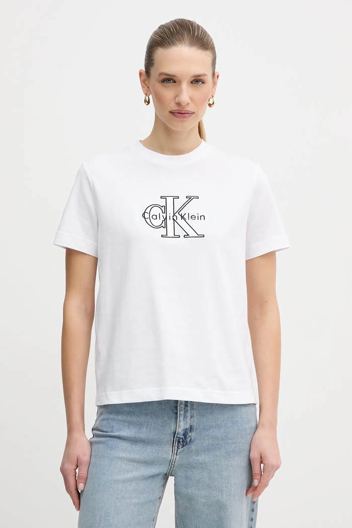 Памучна тениска Calvin Klein Jeans щампа бял LV047E819G