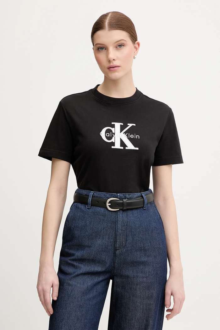 Bavlněné tričko Calvin Klein Jeans nášivka černá LV047E819G