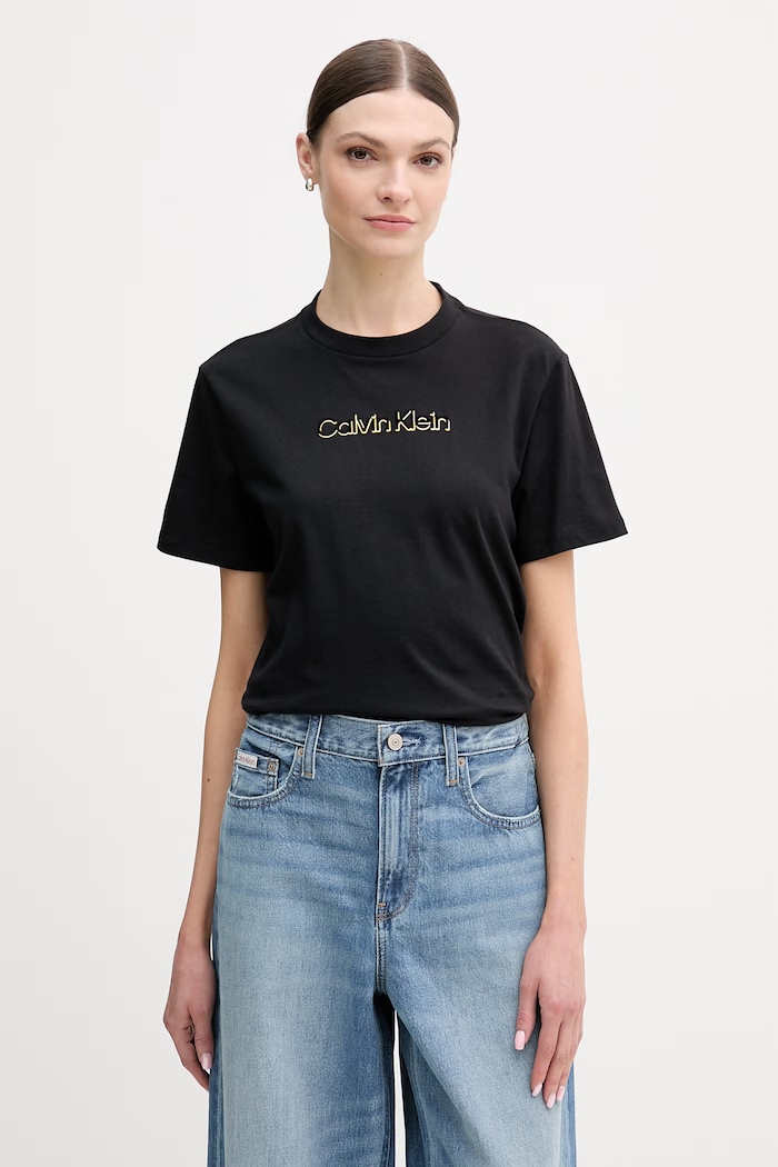 Bombažna kratka majica Calvin Klein Jeans Našitek črna LV047E821G