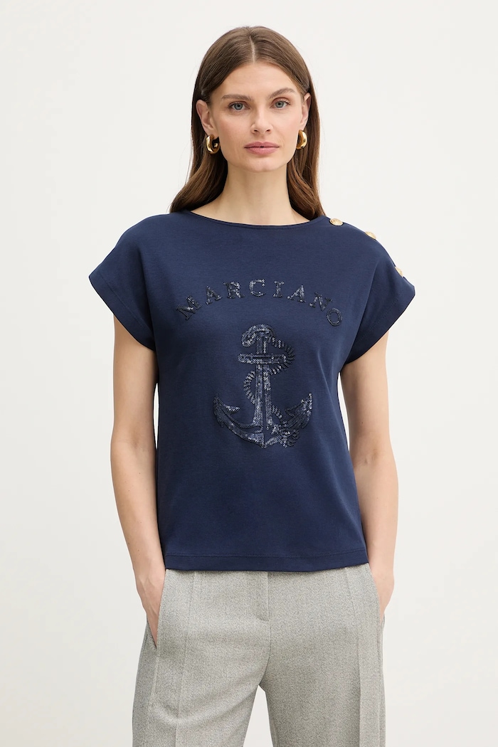 Bavlnené tričko Marciano by Guess LYRIS nášivka modrá 6RGI03.6362A