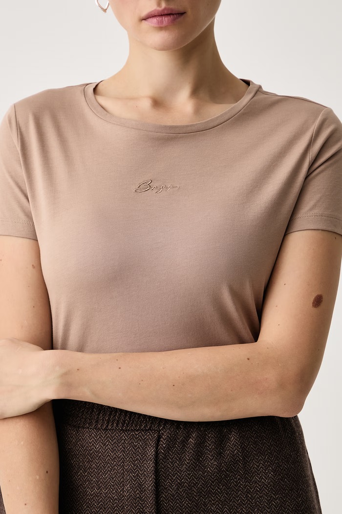 T-shirt damski bawełniany C Elove embro BOSS Orange beżowy 50554696