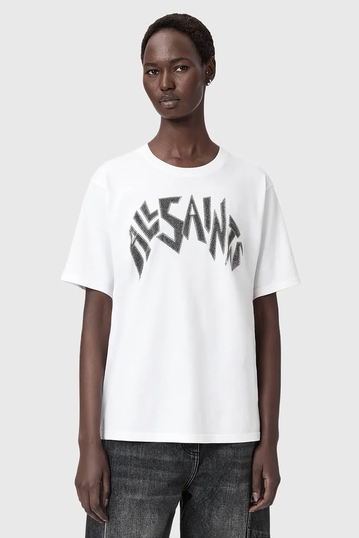 Βαμβακερό μπλουζάκι AllSaints απλικέ λευκό W145JD