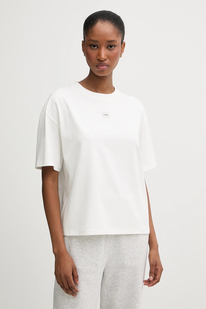 HUGO oversize tričko dámske s modalom SIGNATURE_TSHIRT nášivka béžová 50556807