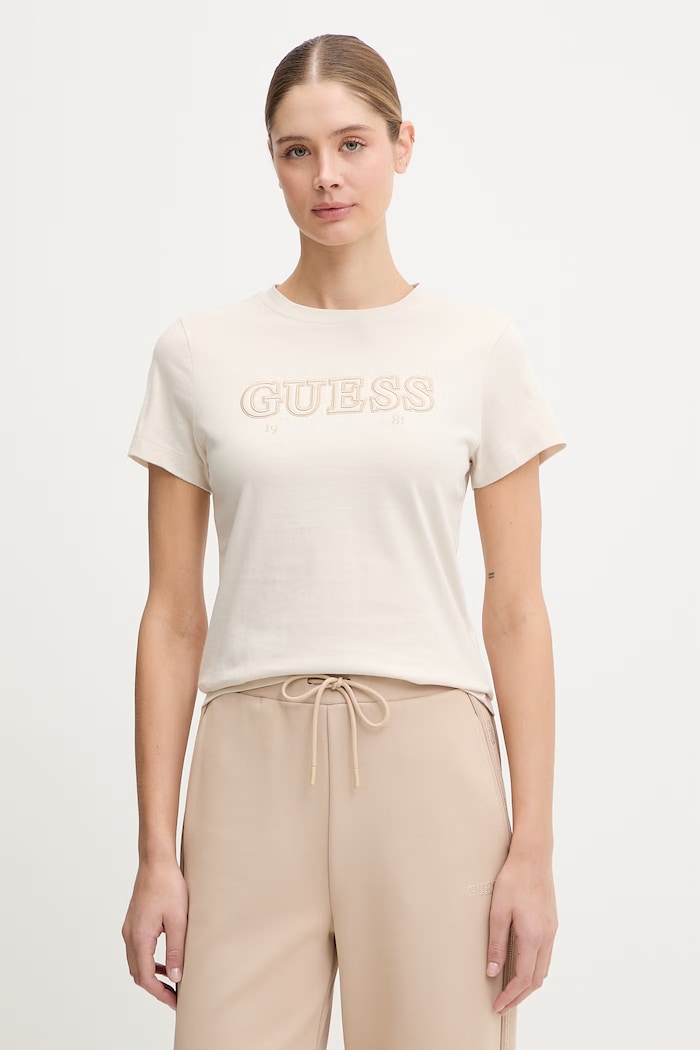 Βαμβακερό μπλουζάκι Guess KETTY βαμβάκι μπεζ V6RI10.I3Z14