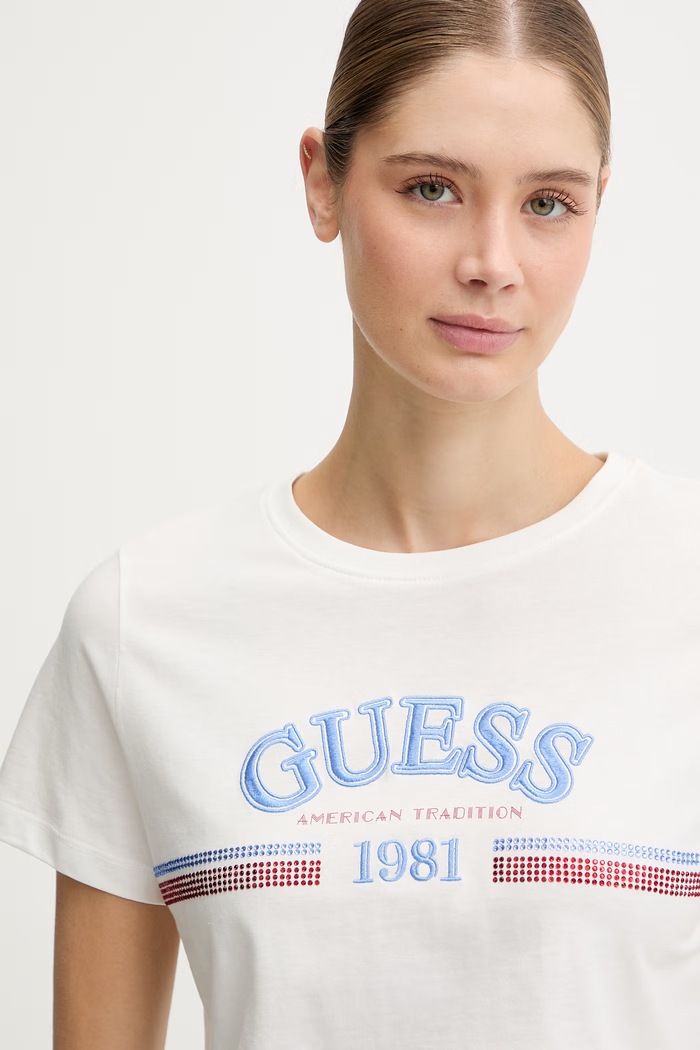 Βαμβακερό μπλουζάκι Guess ALDA μπεζ V6RI16.I3Z14