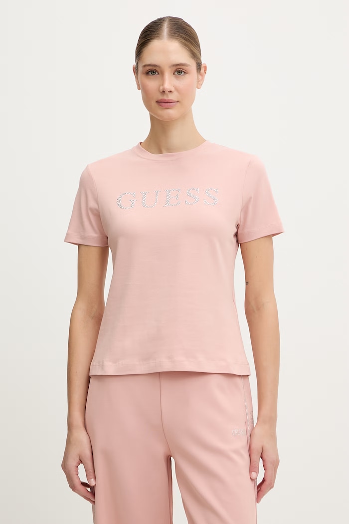 Guess din bumbac cu elastan OCTAVIA imprimeu roz V6RI20.J1314