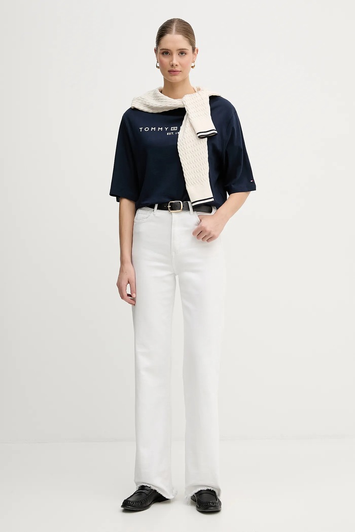 Tommy Hilfiger Majica za žene od pamuka WW0WW47811 mornarsko plava SS26