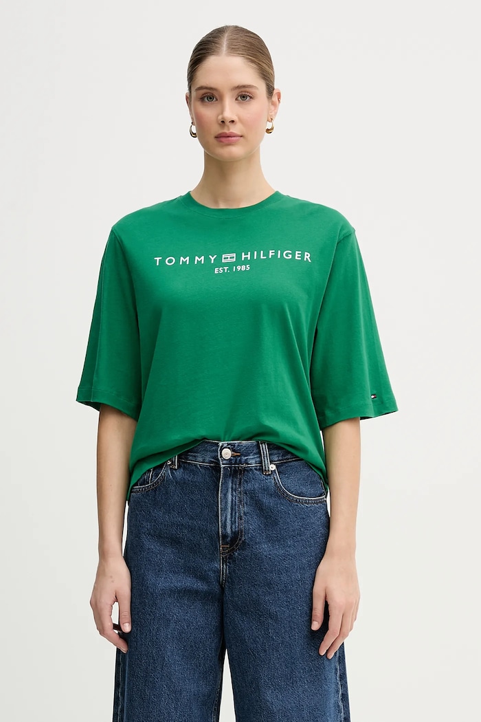 Tommy Hilfiger majica za žene od pamuka bez uzorka zelena WW0WW47811
