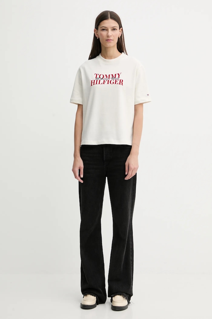 Bavlněné tričko Tommy Hilfiger WW0WW47884 béžová SS26