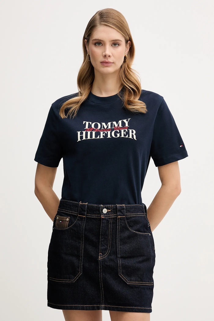 Bavlněné tričko Tommy Hilfiger kulatý námořnická modř WW0WW47884