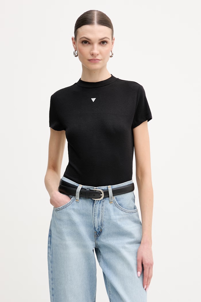 Guess t-shirt z domieszką jedwabiu TINA z elastanem czarny W6RP99.KCNH2