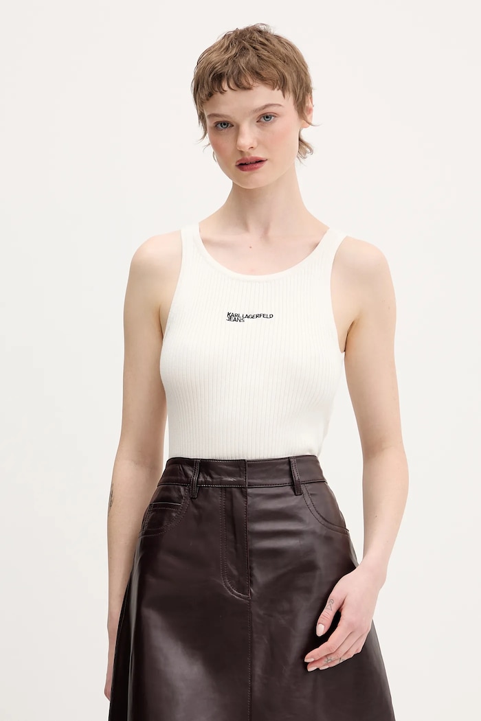 Karl Lagerfeld Jeans crop top pentru femei cu bumbac imprimeu bej B1W18024