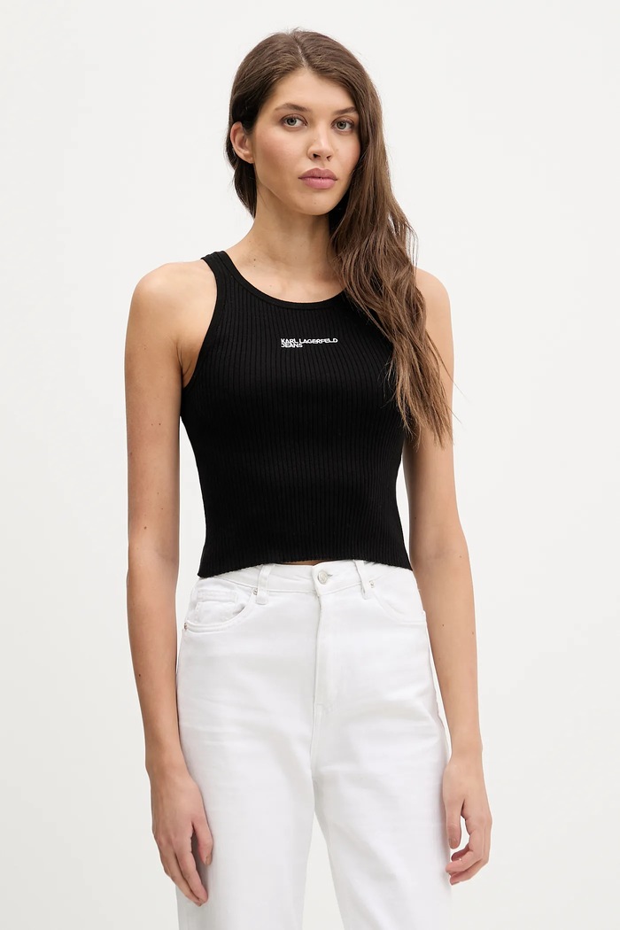 Karl Lagerfeld Jeans crop top pentru femei cu bumbac imprimeu negru B1W18024