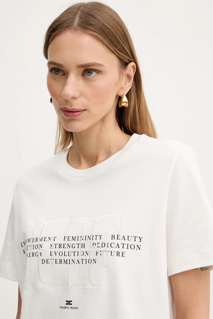 Elisabetta Franchi tricou din bumbac bej MA69P61E2