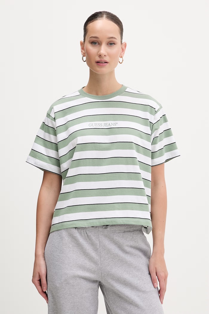 Памучна тениска Guess Jeans райе зелен W6RI19.K8HM0
