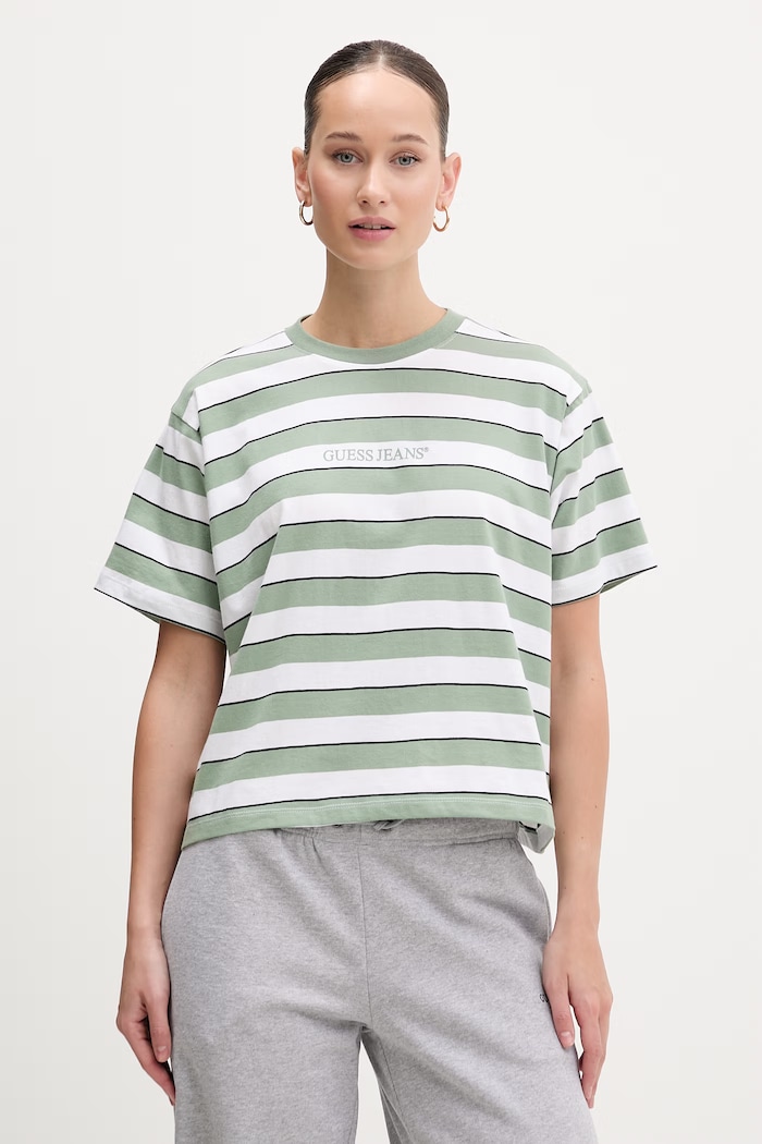 Памучна тениска Guess Jeans райе зелен W6RI19.K8HM0