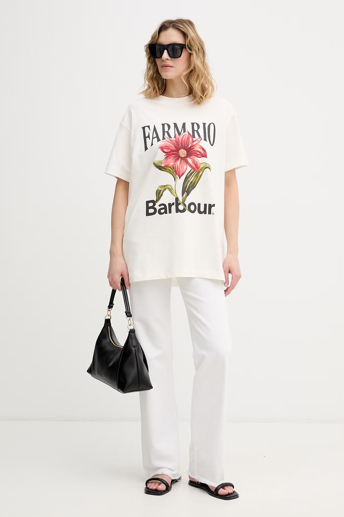Barbour tričko dámske bavlnené x Farm Rio LTS0736 béžová SS26