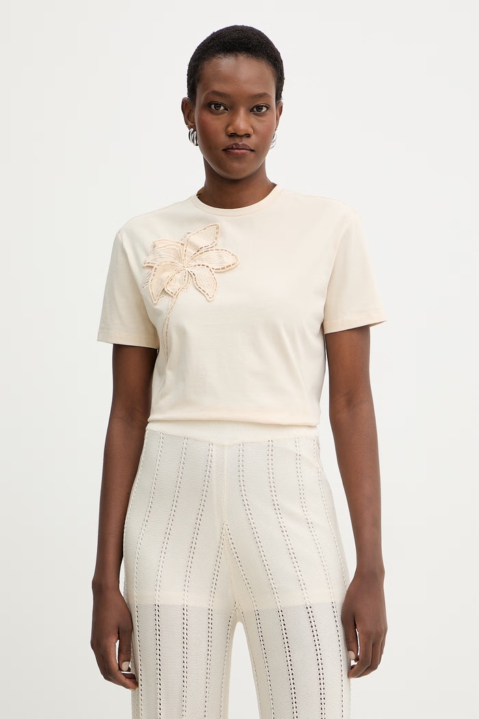 Twinset t-shirt bawełniany aplikacja beżowy 261TP2080