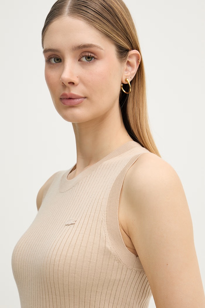Lacoste Топ тип пуловер дамски от лен бежов AF9988