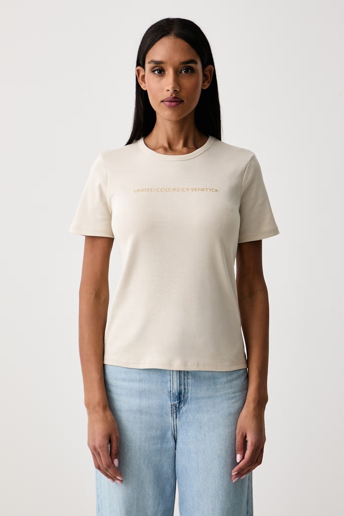 United Colors of Benetton T-shirt damski bawełniany beżowy 3GA8E16A2