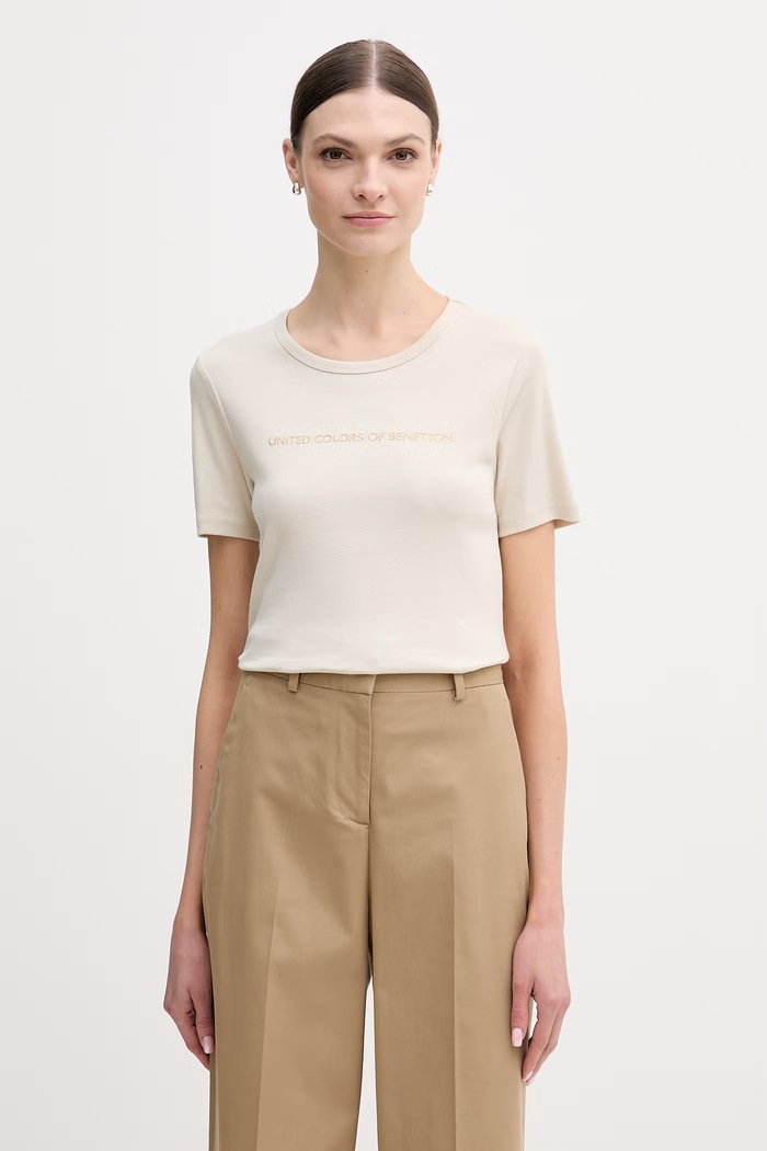 United Colors of Benetton t-shirt bawełniany nadruk beżowy 3GA8E16A2