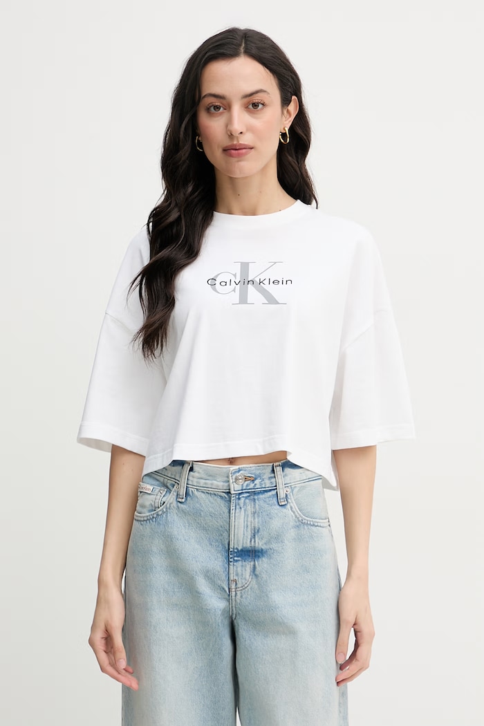 Calvin Klein Jeans crop top dámsky bavlnený biela LV047F828G