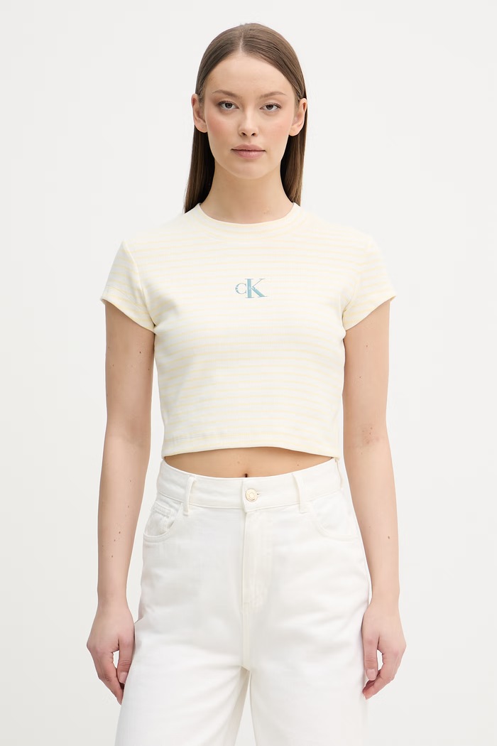 Calvin Klein Jeans crop top dámsky bavlnený s elastanom béžová LV047F833G