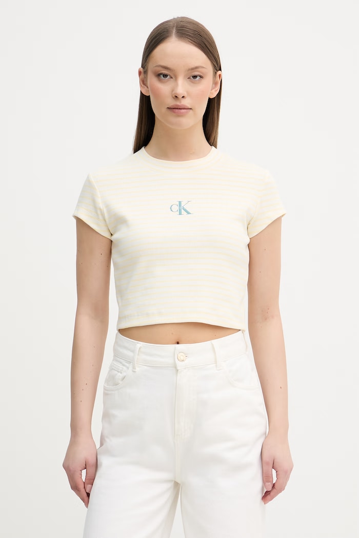 Calvin Klein Jeans crop top dámsky bavlnený s elastanom béžová LV047F833G