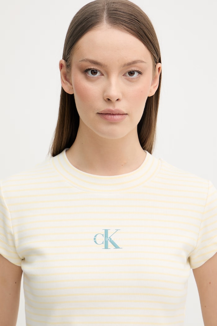 Calvin Klein Jeans crop top dámsky bavlnený s elastanom béžová LV047F833G