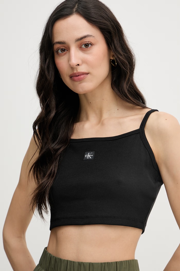 Calvin Klein Jeans crop top dámsky bavlnený s elastanom čierna LV047F221G