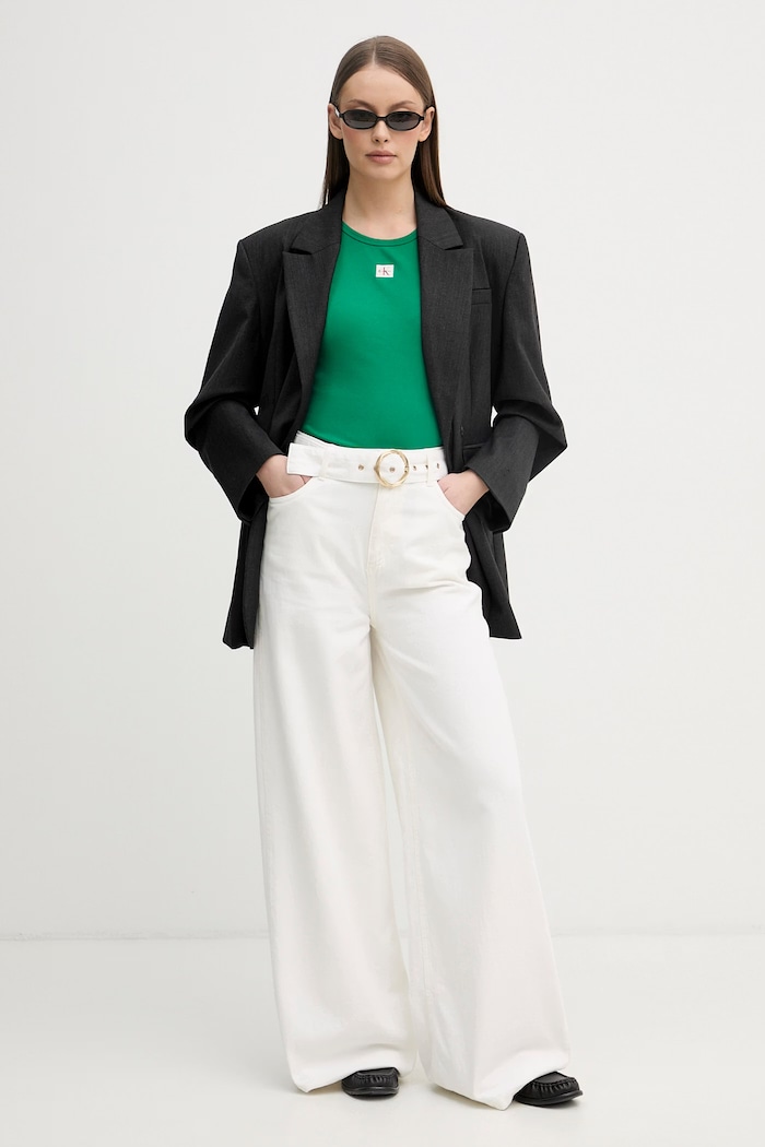 Calvin Klein Jeans top dámsky bavlnený s elastanom LV047F246G zelená SS26