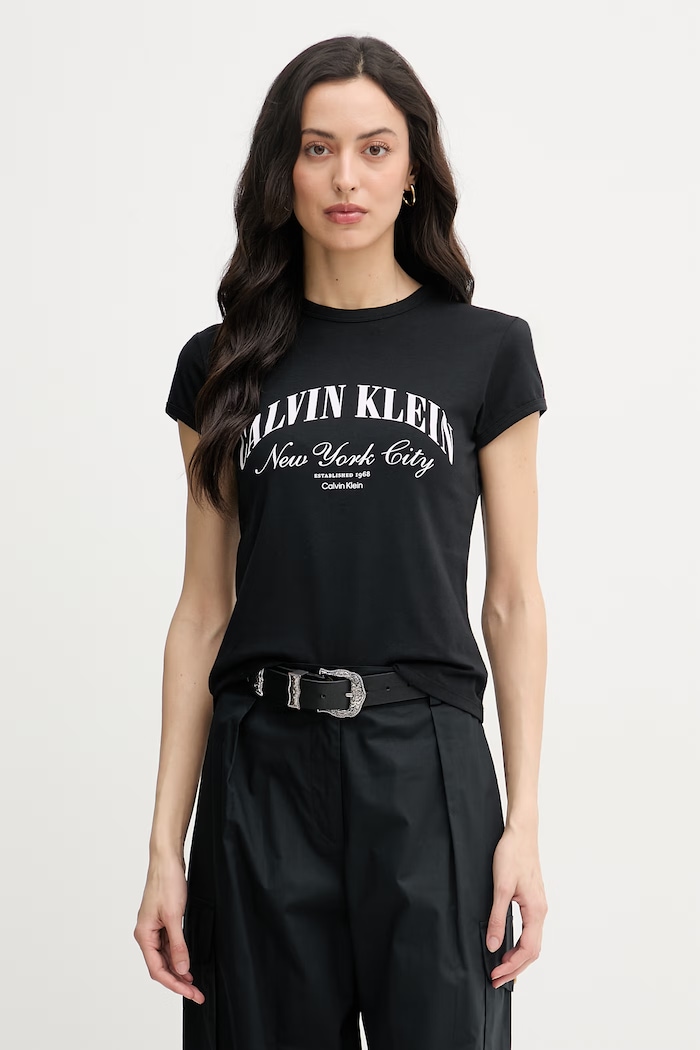 Calvin Klein Jeans тениска дамска от памук с еластан черен LV047F815G