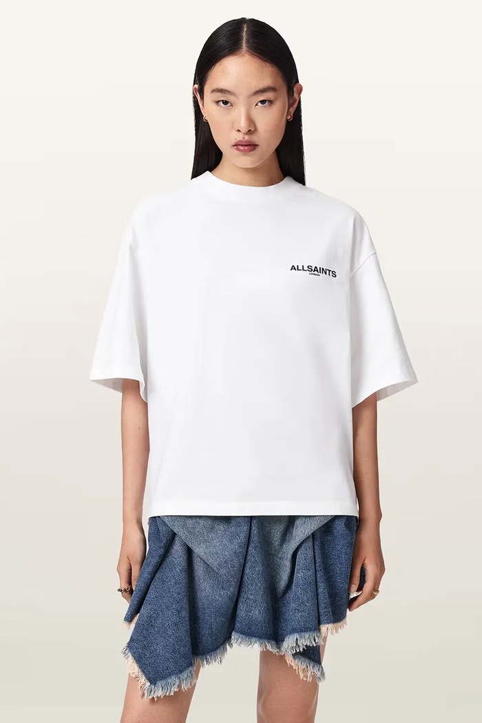 AllSaints oversize kratka majica ženska bombažna HALIS W140JE bela SS26