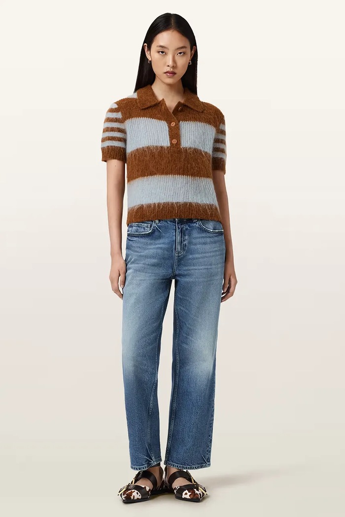 Odzież AllSaints sweter z krótkim rękawem damski z wełną CLEM W002KE brązowy