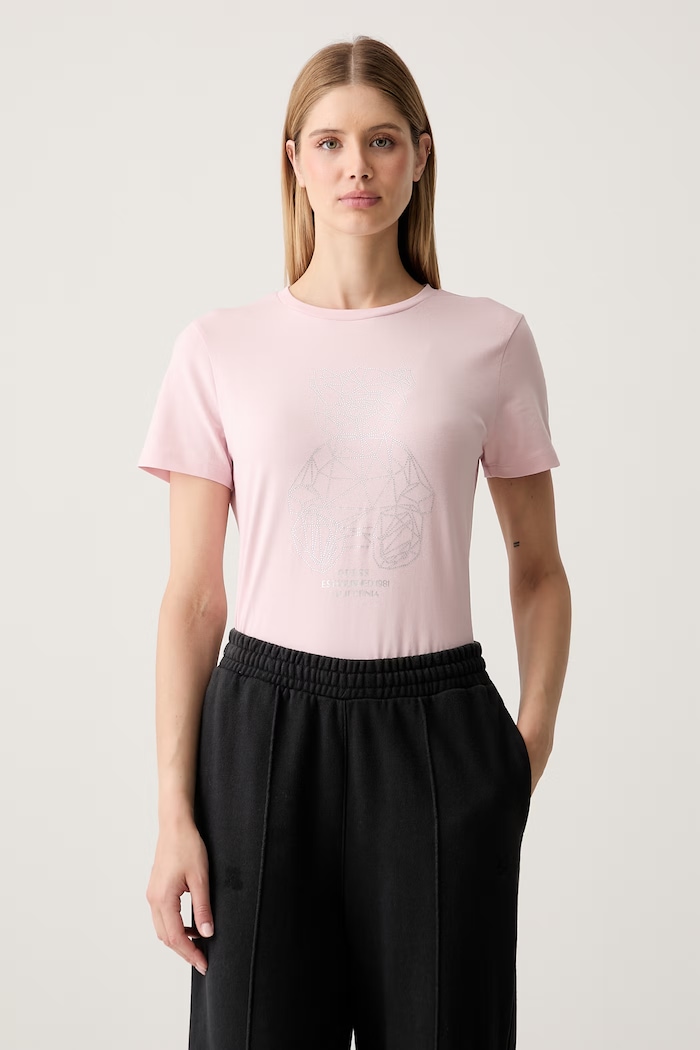 Guess t-shirt γυναικείο βαμβακερό με ελαστάν ROMY ροζ V6GI12.K3325