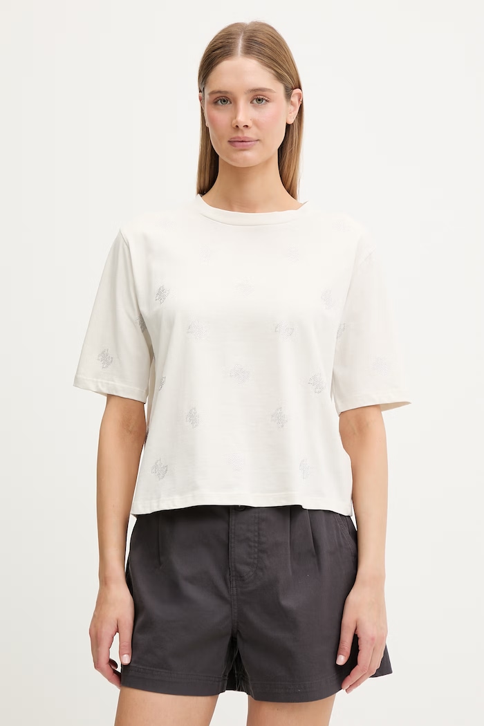 Guess T-shirt damski bawełniany SILVY beżowy V6GI18.K2985