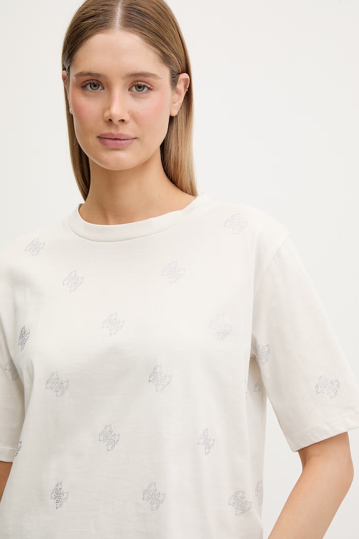 Guess T-shirt damski bawełniany SILVY beżowy V6GI18.K2985