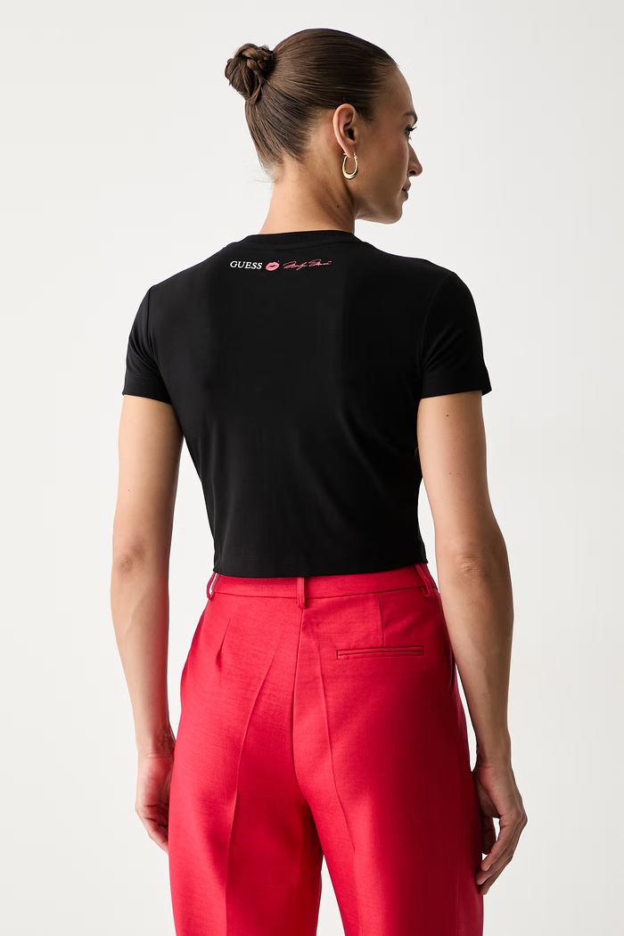 Odzież Guess crop top damski z wiskozą MARILYN MONROE W6YI64.K6710 czarny