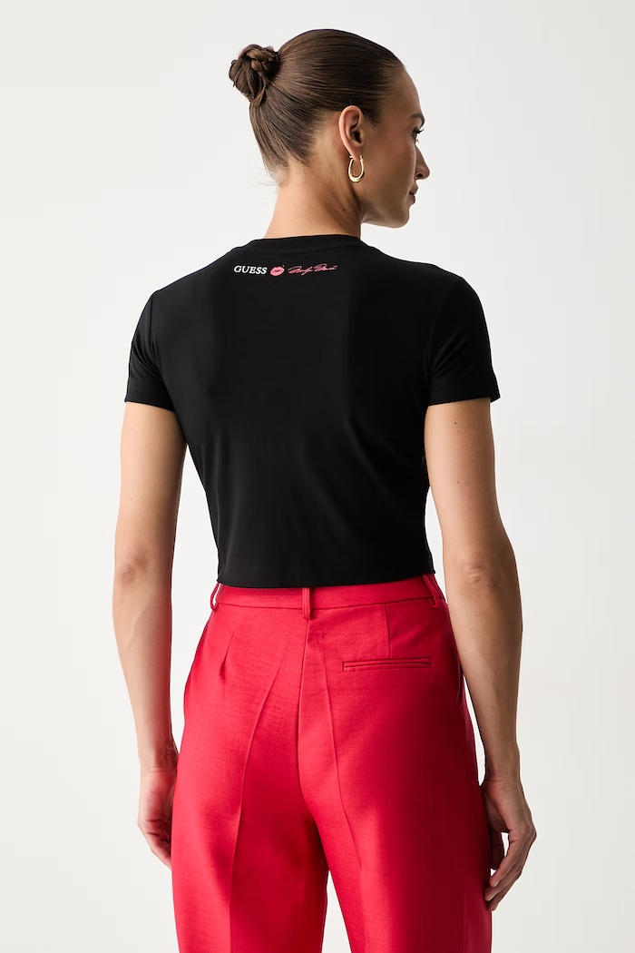 Odzież Guess crop top damski z wiskozą MARILYN MONROE W6YI64.K6710 czarny