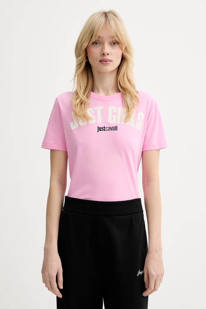 Just Cavalli t-shirt bawełniany nadruk różowy 80PAHT12.CJ500