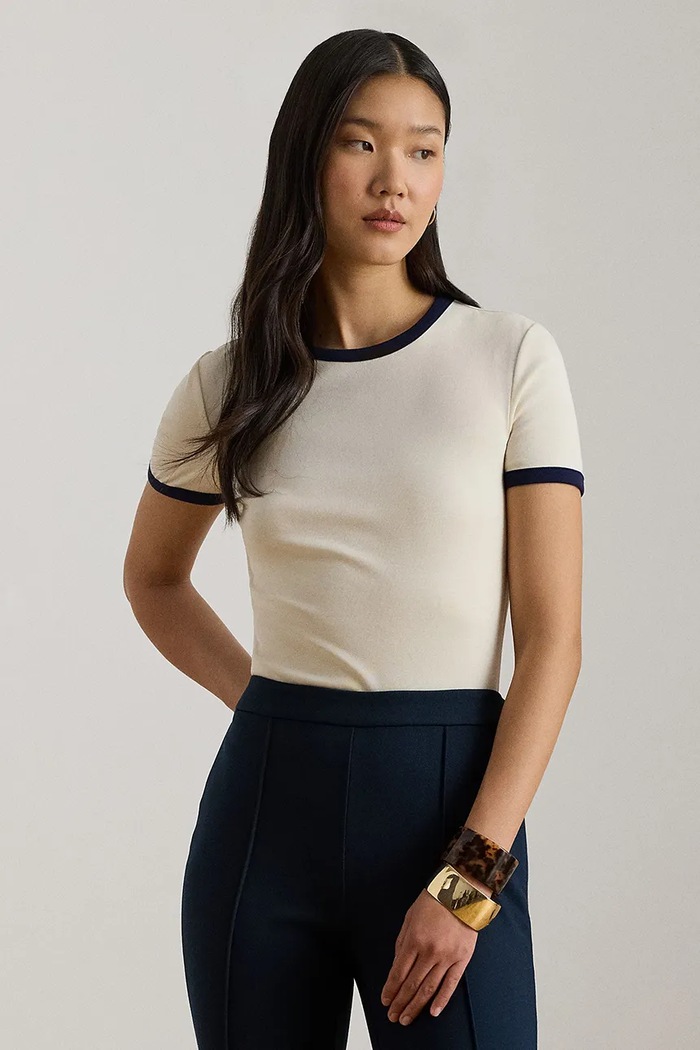Lauren Ralph Lauren tricou basic pentru femei, cu bumbac bej 200P09077
