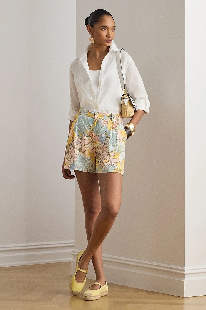 Oblečenie Lauren Ralph Lauren elegantné šortky dámske ľanové 200P10134 modrá