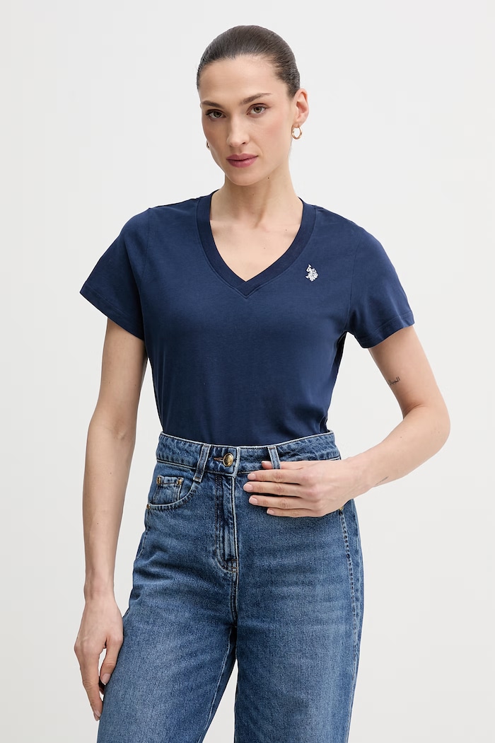 U.S. Polo Assn. тениска дамска от памук V-NECK стандартна тъмносин WUP0635