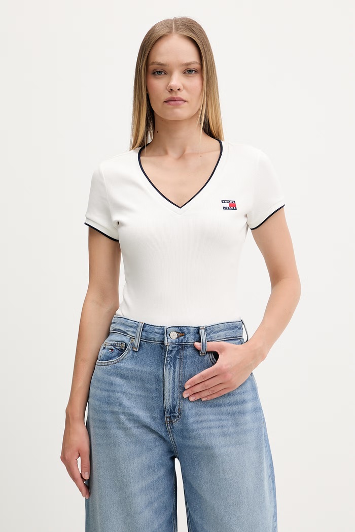 Tommy Jeans tričko dámske bavlnené s elastanom béžová DW0DW22275