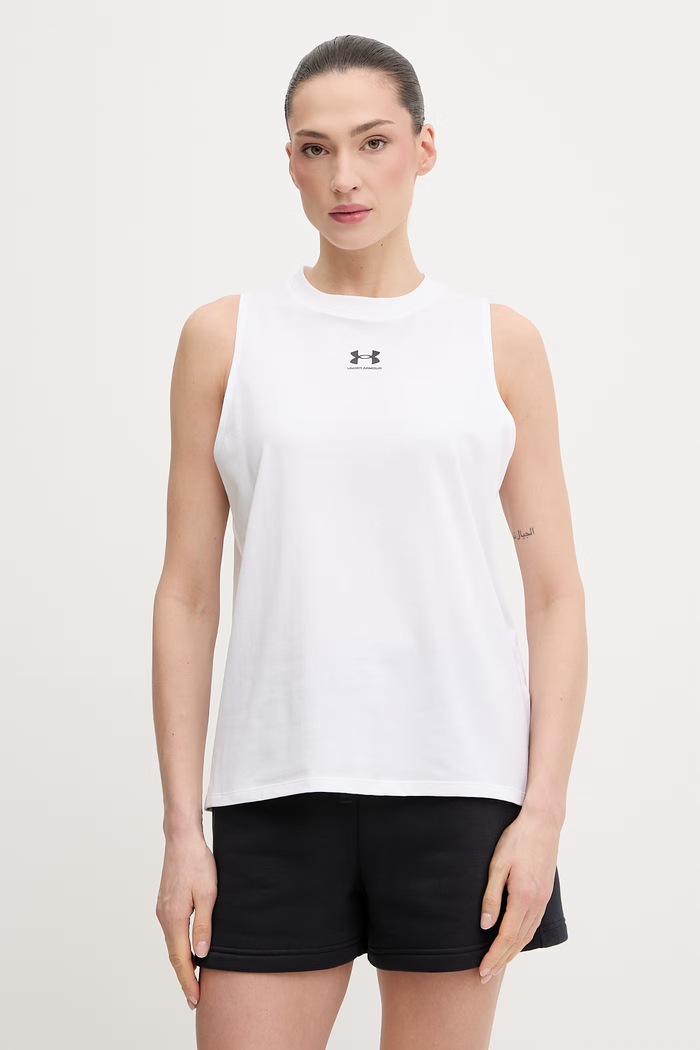 Under Armour top dámský s bavlnou Rival Muscle Tank potisk bílá 1383659