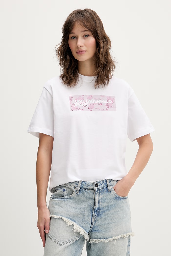 Bombažna kratka majica Karl Lagerfeld Jeans Potisk bela B2W17071
