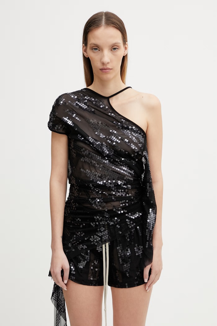 Rick Owens Lilies Tungsten bluzka asymetryczna damska cekinowa czarny LI01F7102.TUSM21