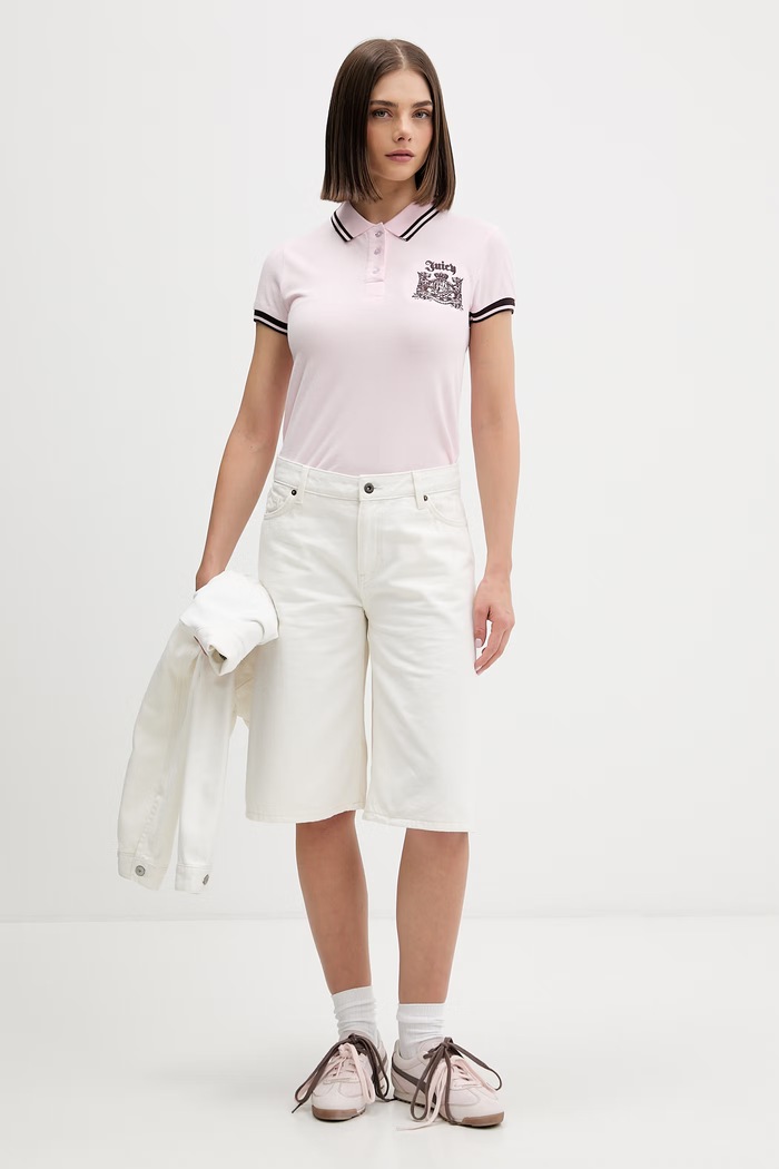 Juicy Couture тениска с яка дамска от памук POLO TOP JCGCT126015 розов SS26