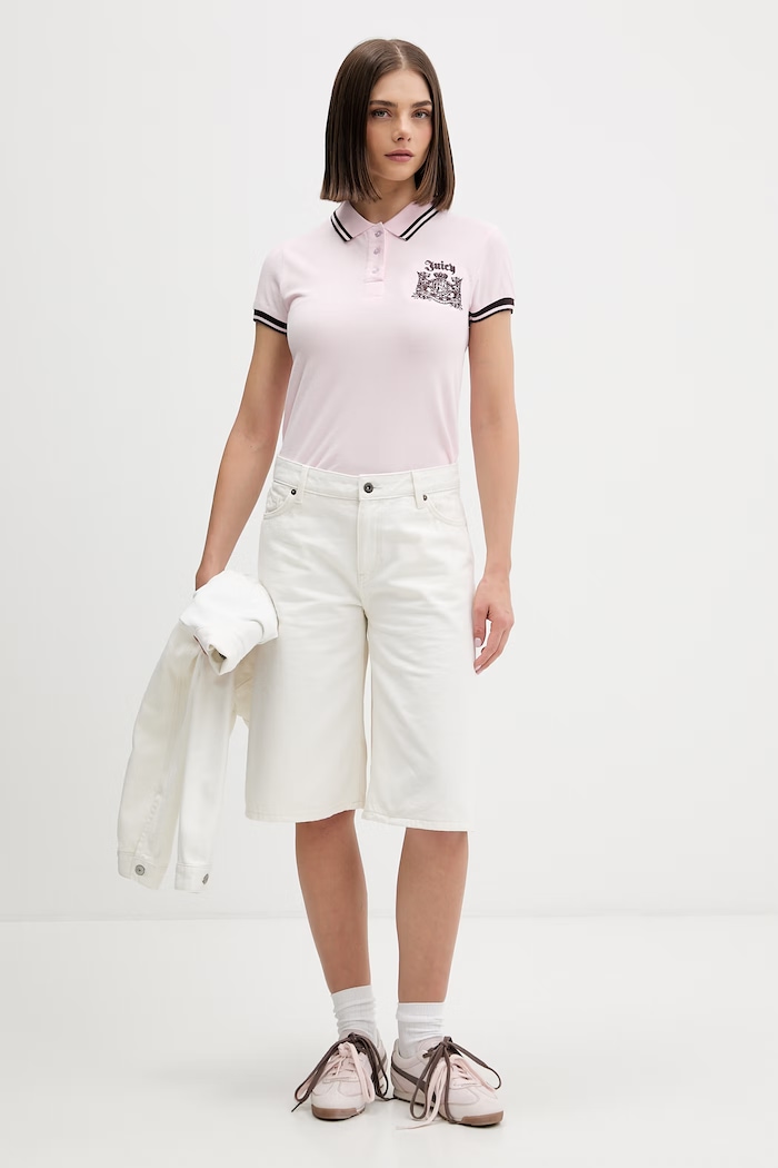 Juicy Couture тениска с яка дамска от памук POLO TOP JCGCT126015 розов SS26