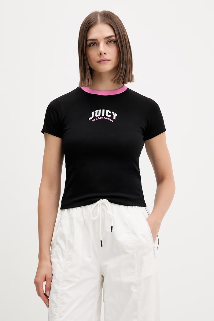 Juicy Couture тениска дамска с памук RINGER TSHIRT черен JCSCT126403